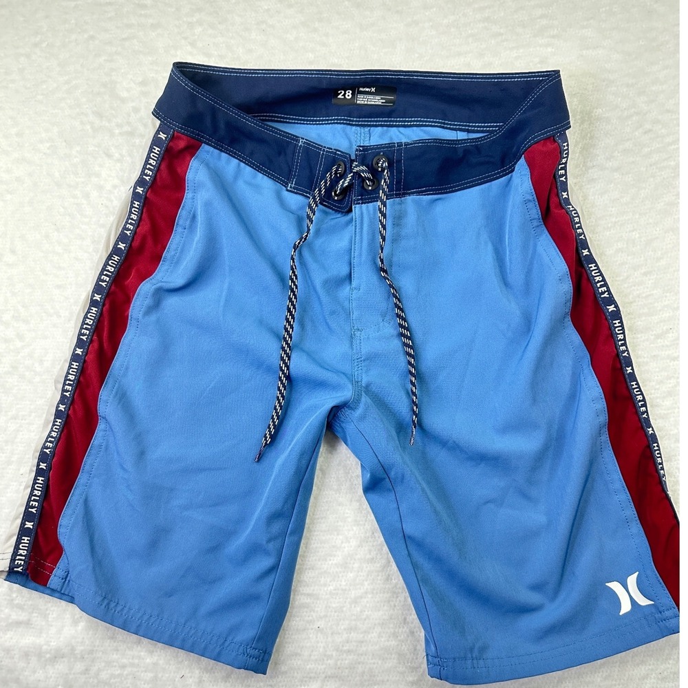 Hurley Board Shorts Mens 28 Blue Red Side Tape Logo Lace Up Swim Trunks Skater